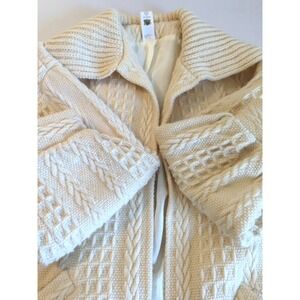 100% Wool Irish Sweater Cardigan Coat Women M Lined Ivory Timeless Classic Chic